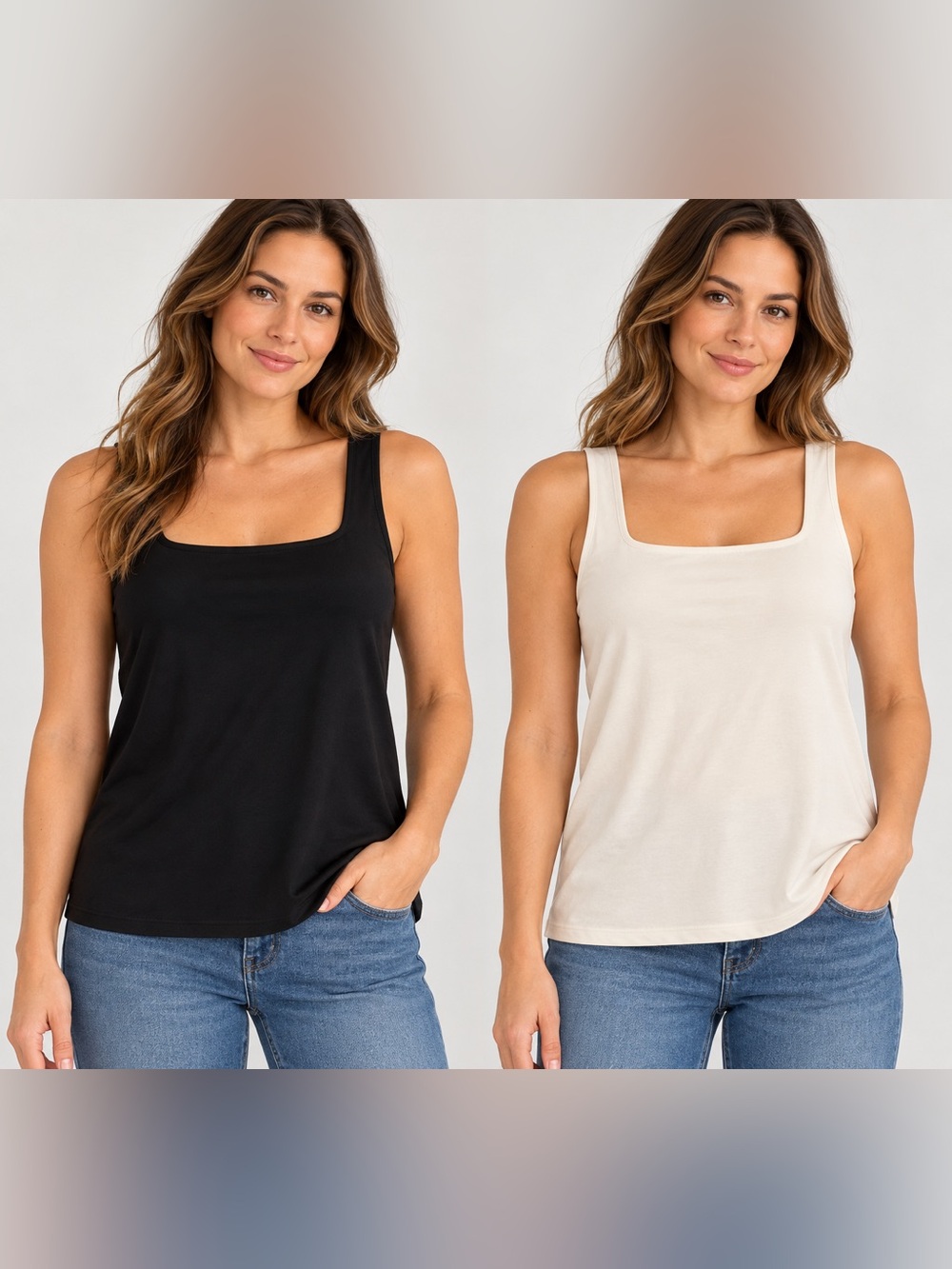 2-pack! Lucky Brand Square Neck Stretch Tank Tops XL Black & Ivory